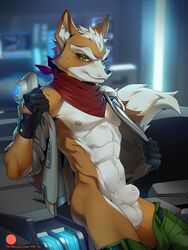 3:4 abs animal_genitalia anthro balls canid canine clothed clothing fingerless fox fox_mccloud fully_sheathed genitals gloves handwear hi_res jacket looking_at_viewer male male_only mammal muscular muscular_male nintendo nipples pants_down partially_clothed patto pecs scarf sheath smile smirk solo star_fox topwear underwear undressing video_games