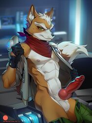 3:4 abs anthro balls bandana big_penis canid canine clothed clothing erection fox fox_mccloud genitals gloves green_eyes half-closed_eyes handwear hi_res humanoid_genitalia humanoid_penis hybrid_genitalia hybrid_penis jacket kerchief knot knotted_humanoid_penis looking_at_viewer male male_only mammal muscular muscular_male narrowed_eyes nintendo pants_down partially_clothed patto pecs penis scarf sitting smile smirk solo star_fox topwear underwear undressing video_games