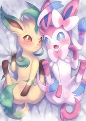 bed blush censored duo eeveelution female feral furniture genitals hi_res leafeon lying lying_on_bed nintendo nude on_back on_bed open_mouth pokemon pokemon_(species) presenting presenting_pussy pussy shin_mare spread_legs spreading sylveon video_games