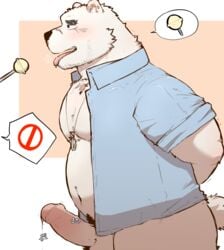 2021 anthro balls belly black_nose blush bodily_fluids candy clothed clothing dessert erection food fur genital_fluids genitals hagom hi_res humanoid_genitalia humanoid_penis kemono male mammal open_clothing open_shirt open_topwear overweight overweight_male penis polar_bear precum shirt simple_background solo tongue tongue_out topwear ursid ursine white_body white_fur