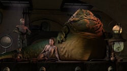 1girls 2021 3d armlet boots boots_only braided_hair brown_eyes brown_hair c-3po chain_leash chained chains droid enslaved_royal hair_ornament harem_girl hutt jabba's_palace jabba_the_hutt kowakian_monkey-lizard large_breasts long_hair nude princess_leia_organa protocol_droid return_of_the_jedi salacious_crumb shittyhorsey slave slave_collar slave_leia slavegirl star_wars tatooine