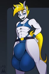 abs anthro balls belt big_balls big_bulge blonde_hair blue_eyes bulge clothing crop_top equid equine fan_character genitals hair hasbro hi_res horn huge_balls huge_bulge hyper hyper_balls hyper_bulge hyper_genitalia jrvanesbroek mammal my_little_pony shirt solo tank_top topwear underwear unicorn white_heart_(oc) wristband