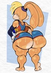 anthro ass ball basketball_(ball) big_breasts big_butt blonde_hair bodily_fluids bottomwear bra breasts clothing female hair hi_res lagomorph leporid lola_bunny looney_tunes mammal purple_yoshi_draws rabbit shorts solo sports_bra sweat sweaty_butt tan_body thick_thighs underwear warner_brothers