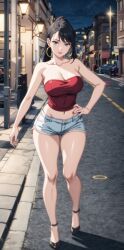 1girls ai_generated belly_button black_hair blue_eyes busty cleavage female heels hi_res highres hooker hoop_earrings milf nighttime original_character outdoors pixai ponytail prostitute prostitution red_lipstick short_shorts solo standing street tubetop whore