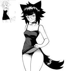 1girls blush blushing_at_viewer cat_ears cat_tail catgirl clothing clothing_lift collar glasses half-dressed looking_at_viewer monochrome nekomimi original_character original_characters panties pietrosatou short_hair simple_background sketch smug solo solo_female tagme thick_thighs thighs wagyu