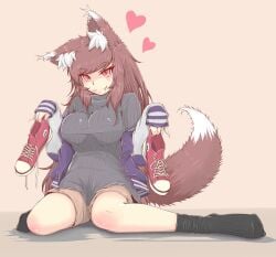 animal_ears animal_tail big_breasts breasts cube85 female kagerou_imaizumi long_hair looking_at_viewer shoes_removed simple_background sneakers socks solo tagme touhou wolf_ears wolf_girl wolf_tail
