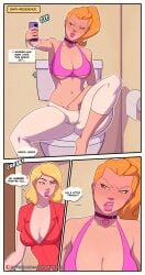 adult ascended_cake beth_smith blonde_hair breasts collar frustrated ginger implied_masturbation makeup rick_and_morty sitting speech_bubble summer_smith taking_picture thick_thighs toilet underboob