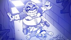 anal boner cum cum_in_ass cum_inside erection gay male male_only mario mario_(series) monochrome nintendo unknown_artist wario yaoi