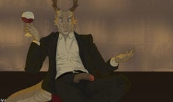 alcohol anthro beverage clothed clothing darkened_genitalia darkened_penis dragon genitals hi_res horn kotia male male_focus male_only penis public public_exposure public_nudity simple_background solo suit wine