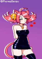 1girls 2024 bell bells breasts cat_ears cat_tail catgirl curvy curvy_figure dress green_eyes heart latex latex_clothing latex_thighhighs light_skin mad_mew_mew mew_mew_(undertale) mew_mew_kissy_cutie necklace neko nekomimi pietrosatou pink_hair pixel_art secretly_loves_it solo solo_female tagme thighhighs thighs tsundere undertale undertale_(series) watermark