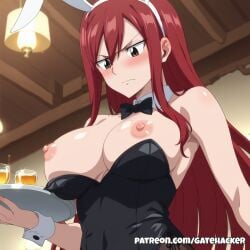 ai_generated bar blush bowtie breasts brown_eyes bunny_girl bunnysuit clothes_pull detached_cuffs drink embarrassed erza_scarlet fairy_tail female from_below frown gatehacker holding_tray indoors lamp long_hair looking_down medium_breasts nipples red_hair solo tray