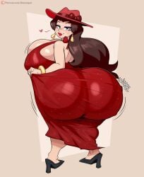 big_ass big_breasts big_butt brown_hair brunette enlarged human jinu mario_(series) nintendo pauline red_dress solo