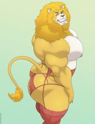2025 absurd_res anthro ass back_muscles barazoku biceps big_butt big_muscles biped bubble_butt claws clothed clothing crossdressing deltoids eyebrows felid fur garter_belt garter_straps grey_background hi_res huge_butt huge_muscles lace legwear lingerie lion looking_at_viewer male male_anthro mammal mane muscular muscular_anthro muscular_male nipples pantherine panties pecs side_view simple_background skimpy smile solo standing teeth thick_arms thick_thighs thigh_highs topless topless_anthro topless_male triceps tuft tylerstark underwear