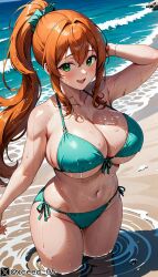 abdomen ai_generated beach big_breasts bikini curvy curvy_figure curvy_thighs female hips hourglass_figure light_blue_eyes orange_hair original_character shiny_skin stable_diffusion thick_thighs voluptuous_female xceed