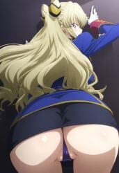 1girls ai_generated bent_over blonde_hair code_geass female hair_bun hair_ornament leila_malcal light-skinned_female long_hair looking_at_viewer looking_back medium_breasts military_uniform panties poyopoyo_ai presenting presenting_hindquarters purple_eyes purple_panties solo twin_buns