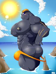 3:4 abs absurd_res anthro areola ass biceps big_pecs biped blush bulge cloud eyewear fingers generation_1_pokemon hi_res huge_pecs machoke mal_lock male muscular muscular_anthro muscular_male nintendo nipple_piercing nipples partially_submerged pecs piercing pokemon pokemon_(species) solo sun sunglasses water