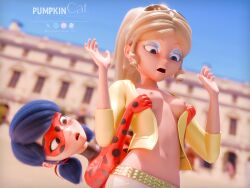 2girls 3d 3d_(artwork) artist_name blonde_hair blue_eyes blue_hair breasts breasts_out censored chloe_bourgeois domino_mask eye_mask eyeshadow female female_only ladybug_&_cat_noir:_the_movie ladybug_(character) lesbian makeup marinette_dupain-cheng miraculous:_tales_of_ladybug_and_cat_noir miraculous_ladybug no_bra no_shirt pumpkincat self_upload small_breasts sunglasses sunglasses_on_head superhero superheroine suprised yuri