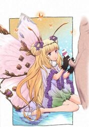 1boy 1girls :o antennae bar_censor bare_legs barefoot black_gloves blonde_hair blunt_bangs border bug butterfly butterfly_girl butterfly_wings censored clothed_female_nude_male clothed_sex double_bun dress erection female flower flower_wreath from_side fur_collar fur_trim gloves gradient_clothes granblue_fantasy hair_bun hair_flower hair_ornament handjob hands_up insect_wings light_blush long_hair looking_ahead looking_at_penis nude oni_b open_mouth outside_border penis pink_wings purple_eyes purple_flower ripples short_dress sitting solo_focus straight sylph_(granblue_fantasy) very_long_hair wariza water wings