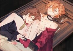 2boys 2male 2males 2men after_sex anal_sex blue_eyes blush brown_hair bsd bungo_stray_dogs bungou_stray_dogs chuuya_nakahara closed_eyes cum cum_in_ass cum_on_body cum_on_face dazai_osamu feminine gay male male_only penis skinny smile soukoku worn_out yaoi