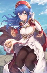 1girls :o alternate_costume blue_eyes blue_hair blue_sky blush cape dress elbow_gloves embarrassed female female female_only fire_emblem fire_emblem:_the_binding_blade fire_emblem_heroes gloves hair_between_eyes highres kamuchin_soda lilina_(fire_emblem) lilina_(firelight_leader)_(fire_emblem) long_hair looking_at_viewer nintendo official_alternate_costume open_mouth panties panties_over_pantyhose pantyhose pantyshot red_cape sky solo underwear white_dress white_gloves white_panties wind wind_lift