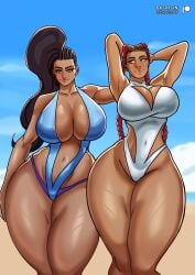 2girls absurd_res apex_legends beach breasts colacat95 crossover dark-skinned_female dark_skin female female_only hi_res large_breasts laura_matsuda loba loba_(apex_legends) loba_andrade street_fighter swimsuit thick_thighs thighs wide_hips