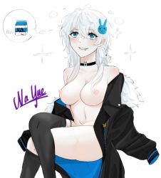 1girls blue_eyes blush breasts jacket jaki milk nari(vtsn) nipples nude rabbit vtsn white_hair