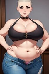 1female 1girls ai_generated bbw belly belly_bulge belly_button breasts brown_eyes button_nose choker chubby cleavage crop_top dress fat fat_arms fat_belly fat_rolls female female_focus female_only jean_pants jeans large_boobs large_breasts pink_panties plus_size pudgy ripped_jeans rolls shaved_head skin_tight solo thick_thighs