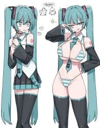 alternate_breast_size alternate_costume bikini breasts caststation confusion hatsune_miku hatsune_miku_(collared_bikini) japanese_text striped_bikini twintails vocaloid