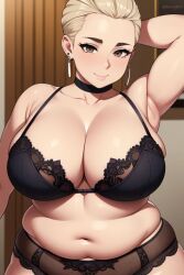 ai_generated bbw belly belly_bulge belly_button blonde_hair bra brown_eyes bun button_nose choker chubby cleavage earrings fat fat_arms fat_belly fat_rolls female female_focus large_breasts lingerie obese panties plus_size pudgy rolls solo thick_thighs