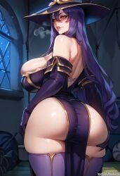 ai_generated balecxi bursting_breasts dress from_behind goblin_slayer hand_on_ass heavy_breathing huge_ass huge_breasts large_breasts long_hair looking_at_viewer naughty_face purple_hair sagging_breasts shaded_face stockings sweat thick_thighs tight_clothing witch witch_(goblin_slayer) witch_hat yellow_eyes