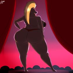 absurd_res anthro ass big_breasts big_butt breasts clothing cosmosarts crowd erect_nipples female group hair hi_res hippopotamid long_hair looking_back louise_(cosmosarts) mammal mostly_nude nipples overweight solo thick_thighs underwear wide_hips