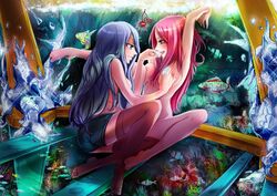 2girls blue_hair cherry cherryinthesun detailed_background female female_only ice jewelry_bonney multiple_girls one_piece pink_hair thighhighs topless whitey_bay_(one_piece) yuri