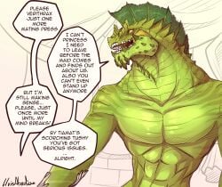 1boy anthro comic comic_panel dragonborn dragonborn_(dnd) fin green_body green_scales lizard lizard_humanoid lizardfolk lluisabadias male muscles muscular muscular_male naked spikes yellow_eyes