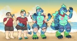 anthro beach big_breasts blue_body blush body_size_growth breast_expansion breast_growth breasts brown_hair celsty clothed clothing colored confusion expansion female feraligatr gender_transformation generation_2_pokemon growth hair hair_shrinking happy human male mammal mtf_transformation nintendo nipples nude overweight pokemon pokemon_(species) sequence size_transformation solo species_transformation surprised_expression thick_thighs thigh_expansion torn_clothing transformation