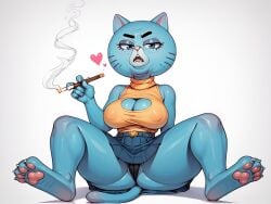 1girls 6_fingers ai_generated bare_shoulders barefoot belt big_breasts big_nipples black_clothing black_eyebrows black_eyelashes black_markings black_panties black_underwear blue_body blue_bottomwear blue_clothing blue_ears blue_fur blue_skirt bottomwear breasts cartoon_network cigar cigar_smoke claws cleavage cleavage_cutout clothed clothed_female clothing cutout elderly elderly_female eyebrows eyelashes eyeshadow facial_markings fangs female female_only finger_claws fingers front_view fully_clothed fully_clothed_female fur gilf glistening glistening_body glistening_breasts glistening_eyes glistening_fur granny half-closed_eyes heart_symbol hearts_around_head holding_cigar holding_object huge_nipples light_body light_fur looking_at_viewer makeup markings mary_senicourt mature mature_female mature_woman narrowed_eyes nipple_bulge old old_woman open_mouth panties pawpads paws pink_nose pink_pawpads pink_tongue purple_eyeshadow round_head simple_background sitting skirt smoke solo solo_female spread_legs spreading sweater teeth the_amazing_world_of_gumball thick_thighs toe_claws tongue topwear turtleneck underwear upskirt whisker_markings white_background white_claws yellow_clothing yellow_sweater yellow_topwear