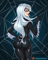 big_ass big_butt black_cat_(marvel) blue_eyes bodysuit bubble_butt felicia_hardy female half-closed_eyes latex_suit long_hair looking_back marvel red_lipstick satanya smile spider-man_(series) spider_web white_hair