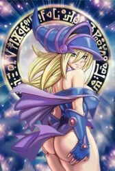 1girls ass bare_shoulders blonde_hair blush_stickers dark_magician_girl duel_monster female gloves green_eyes hands_on_ass hat long_hair looking_at_viewer looking_back smile solo yu-gi-oh! zilvan