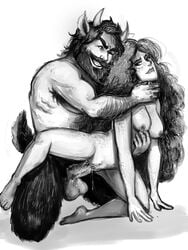 1boy 1girls animal_ears balls ballsack beard big_balls body_fur body_hair cocky curly_hair deryn_(character) dominant_male domination erection facial_hair faun female fluffy_tail freckles fur george_(character) hairy_male half-human heavy_balls horns human humanoid hunk kneeling kraujas long_beard long_hair male masculine mature_male monochrome muscle muscles muscular_male mustache nipples nude penis penis_in_vagina rough_sex satyr scrotum shaved_crotch smile straight straight_sex testicles vagina veiny_penis