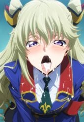 1girls after_fellatio after_oral ai_generated blonde_hair blush boots code_geass cum_in_mouth cum_on_face female hair_bun hair_ornament leila_malcal light-skinned_female long_hair looking_at_viewer medium_breasts military_uniform poyopoyo_ai purple_eyes solo thigh_boots twin_buns