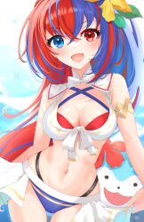 1girls :d alear_(female)_(fire_emblem) alear_(female)_(seaside_dragon)_(fire_emblem) alear_(fire_emblem) alternate_costume alternate_hairstyle ball bare_shoulders beachball bikini blue_bikini blue_eyes blue_hair blue_swimsuit breasts character_ball cleavage crossed_bangs cute ell_0314 female female_only fire_emblem fire_emblem_engage fire_emblem_heroes flower flower_in_hair hair_between_eyes hair_flower hair_ornament heterochromia highres holding holding_ball holding_beachball large_breasts long_hair looking_at_viewer midriff multicolored_hair navel nintendo official_alternate_costume official_alternate_hairstyle open_mouth ponytail red_bikini red_hair red_swimsuit small_breasts smile solo sommie_(fire_emblem) split-color_hair swimsuit two-tone_hair very_long_hair white_bikini white_swimsuit