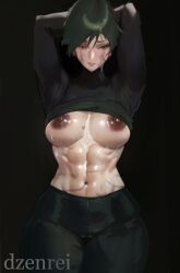 abs arms_up black_background breasts_out burn_scar dark_areola dzenrei green_hair hands_behind_head jujutsu_kaisen long_sleeves looking_at_viewer shirt_lift short_hair sweat sweatdrop sweating thick_thighs toned_belly toned_body toned_female toned_stomach zenin_maki