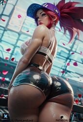 1girls ai_generated akali ass breasts female k/da_akali k/da_all_out_akali k/da_all_out_series k/da_series league_of_legends league_of_legends:_wild_rift pornlandlord red_hair shoes shorts white_bra