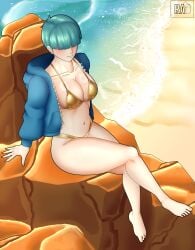 ally_(radiant_artist) background beach big_ass big_breasts big_butt big_thighs bikini blue_hoodie blush blush golden_bikini green_hair hair_over_eyes hoodie original original_character radiant_artist short_hair sitting