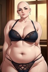 ai_generated bald bbw belly belly_bulge belly_button belly_button_piercing belly_piercing bra brown_eyes button_nose choker chubby cleavage earrings fat fat_arms fat_belly fat_rolls fat_woman female female_focus lingerie medium_breasts obese panties plus_size pudgy rolls shaved_head solo tattoo tattoo_on_arm tattooed_arm tattoos