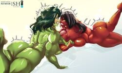 2girls angry angry_face arm_wrestling ass big_ass black_hair catfight female female_only green-skinned_female green_hair green_skin huge_ass long_hair looking_at_another lord_hamilton marvel marvel_comics multiple_girls muscular muscular_female nude nude_female on_stomach red-skinned_female red_she-hulk red_skin she-hulk sideboob superheroine sweat