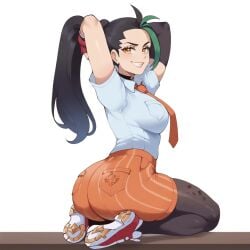 1girls ai_generated ass ass_focus big_breasts black_choker black_hair clothed_female dug-lith-pls green_hair multicolored_hair nemona_(pokemon) nintendo on_knees pokemon solo thiccwithaq_(ai_style) thick_ass thick_thighs yodayo