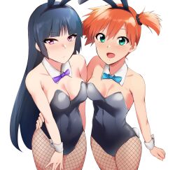 2girls animal_ears animal_tail asymmetrical_hair bangs bare_shoulders black_footwear black_hair black_leotard blue_bow blue_hair blush bow bowtie breast_press breasts bunny_ears bunny_tail bunnysuit clavicle cleavage clothing cowboy_shot detached_collar fake_animal_ears female female_only fishnet_legwear fishnets footwear full_body green_eyes gym_leader hair_tie hairband headwear high_heels high_resolution kaiga kasumi_(pokemon) large_breasts legwear leotard long_hair looking_at_viewer medium_breasts multiple_girls neckwear open_mouth orange_hair playboy_bunny pokemon ponytail pumps purple_bow purple_bowtie purple_eyes purple_neckwear red_eyes red_hairband sabrina_(pokemon) shiny shiny_clothes shiny_legwear shoes short_hair side_ponytail simple_background smile strapless strapless_leotard striped striped_leotard tail thighs tied_hair white_background wrist_cuffs