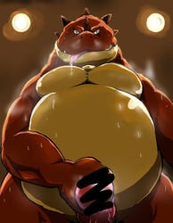 2017 belly bodily_fluids censored dragon drooling erection genitals hi_res kemono male moobs musk nanadragon4 overweight overweight_male penis red_body saliva solo tongue tongue_out