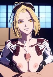 1boy1girl ai_generated blonde_hair breasts cum gloves goggles_on_head levius male_pov mechanical_arms natalia_garnet nude paizuri pov prosthetic