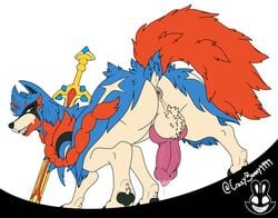 absurd_res animal_genitalia animal_penis ass balls blue_body blue_fur bodily_fluids canid canine canine_penis canis christomwow cum erection feral fur genital_fluids genitals hero_of_many_battles_zacian hi_res knot legendary_pokémon looking_at_viewer male mammal melee_weapon nintendo penis pokémon_(species) pokemon presenting smile solo sword video_games weapon zacian